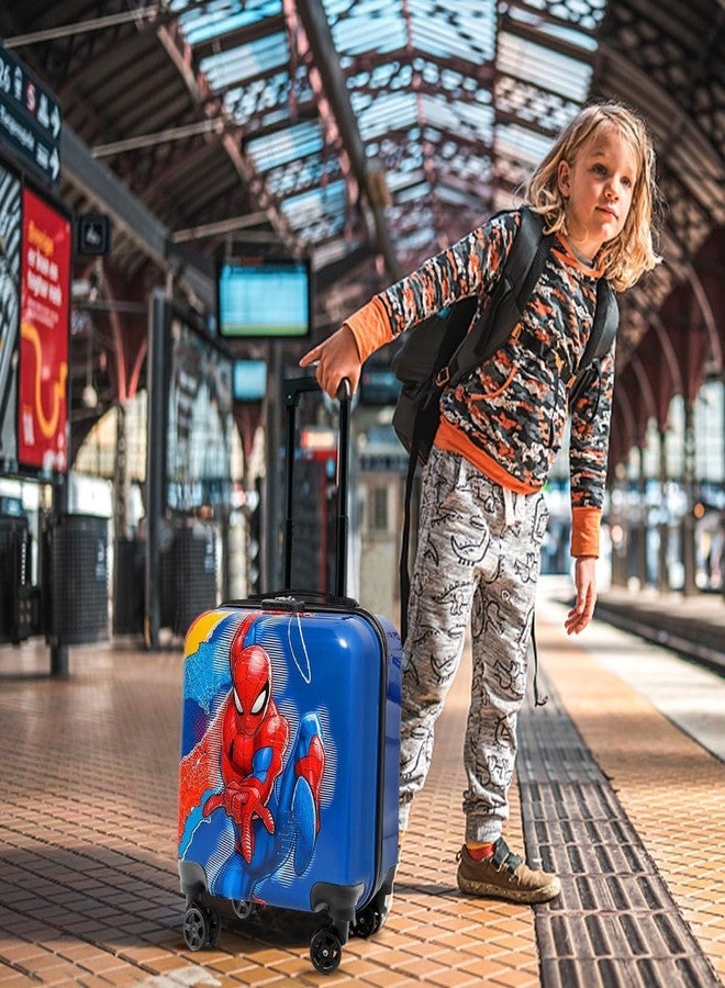 WONDERSPROUT حقيبة سفر للأطفال من وندرسبروت، حقيبة سفر صلبة للأطفال الصغار، حقيبة سفر بعجلات، مقبض قابل للسحب، حقيبة يد للأولاد والبنات، حقيبة سفر للأطفال الصغار بتصميم زرافة (أزرق سبايدرمان) - Image 2